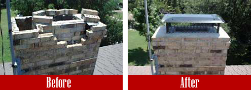 Broken bricks and no chimney crown before construction.  Masonry complete with crown and cap.