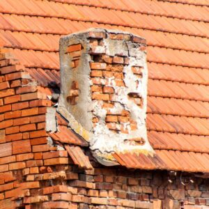 a damaged red brick chimney on a red roof