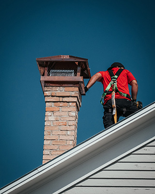 Tech on roof next to chimney in safety harness - Lords Chimney