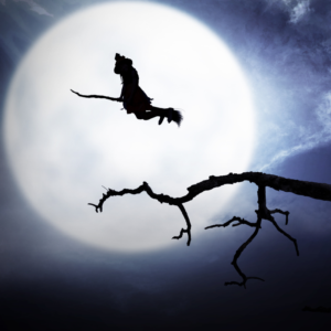 silhouette of a witch flying over a full, bright moon