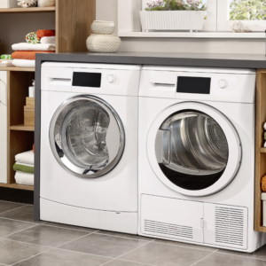 a white front-load washer and dryer set