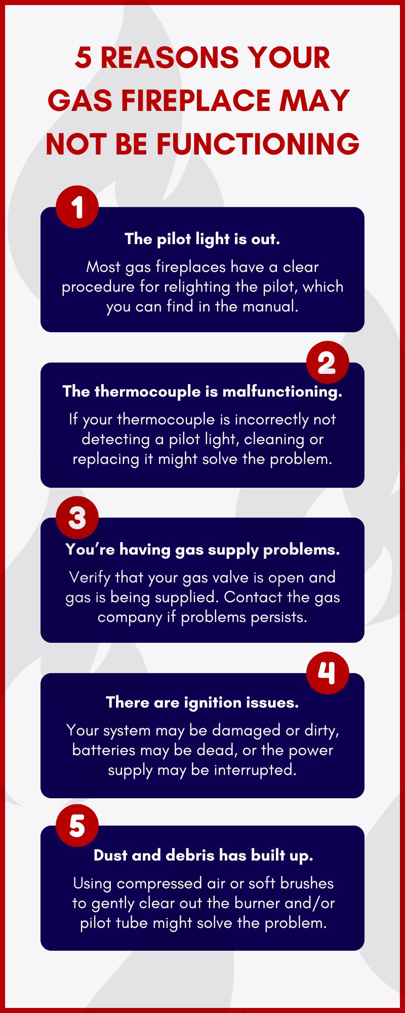 original infographic stating common reasons for gas fireplace repair