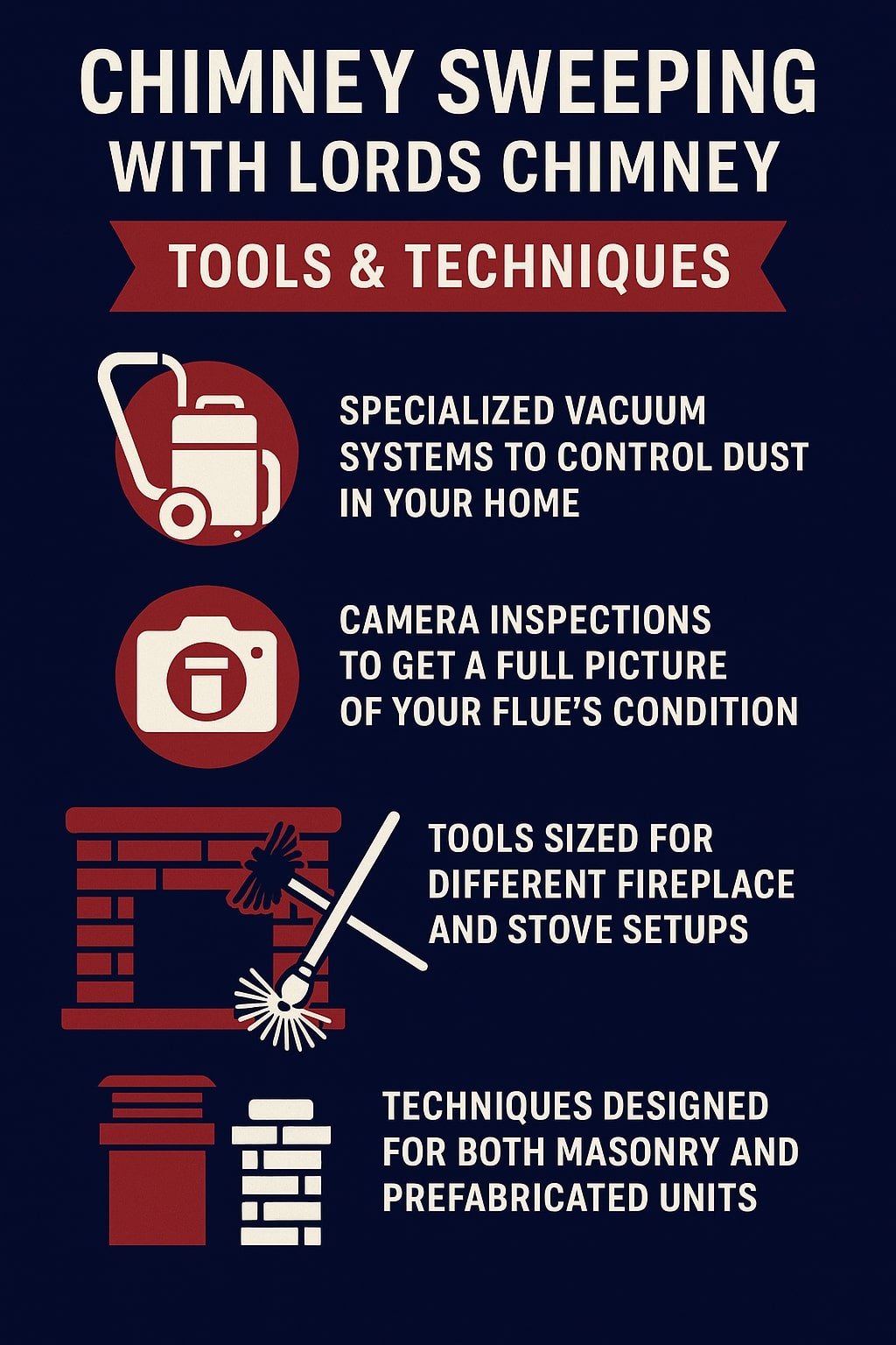 original infographic with a dark navy blue background and bold white text highlights chimney sweeping tools and techniques offered by Lords Chimney. At the top, a red banner with white lettering reads “TOOLS & TECHNIQUES.” Four sections follow, each with red and white icons paired with descriptions in white text. The first shows a vacuum icon with the text “Specialized vacuum systems to control dust in your home.” The second shows a camera icon with “Camera inspections to get a full picture of your flue’s condition.” The third features a red fireplace illustration with sweeping brushes and states “Tools sized for different fireplace and stove setups.” The fourth shows a red chimney and a white brick chimney with the text “Techniques designed for both masonry and prefabricated units.” The overall design is clean, modern, and emphasizes clarity with contrasting colors.<br />
