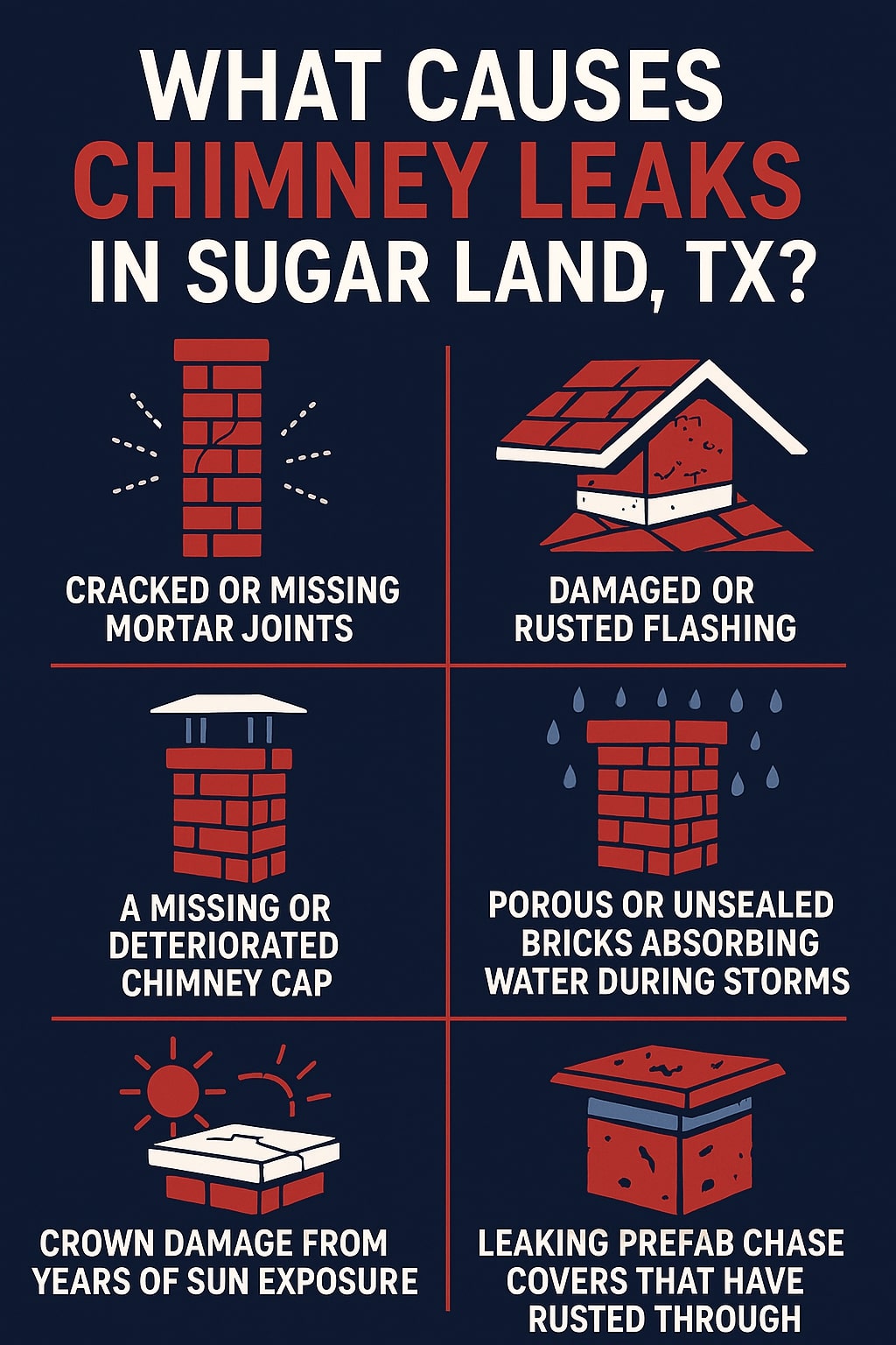original infographic showing a dark navy background with bold white and red text reading “What Causes Chimney Leaks in Sugar Land, TX?” arranged above six illustrated panels, each featuring simple red-and-white graphics and captions; the top left shows a red brick chimney with cracks and lines indicating damage labeled “Cracked or Missing Mortar Joints,” top right shows a house roof with rusted flashing labeled “Damaged or Rusted Flashing,” middle left shows a brick chimney with a white cap labeled “A Missing or Deteriorated Chimney Cap,” middle right shows a chimney with blue raindrops hitting porous bricks labeled “Porous or Unsealed Bricks Absorbing Water During Storms,” bottom left shows a sun over a cracked chimney crown labeled “Crown Damage From Years of Sun Exposure,” and bottom right shows a red prefab chase cover with dark rust spots labeled “Leaking Prefab Chase Covers That Have Rusted Through,” all presented in a clean grid layout with red illustrations contrasting against the dark background.