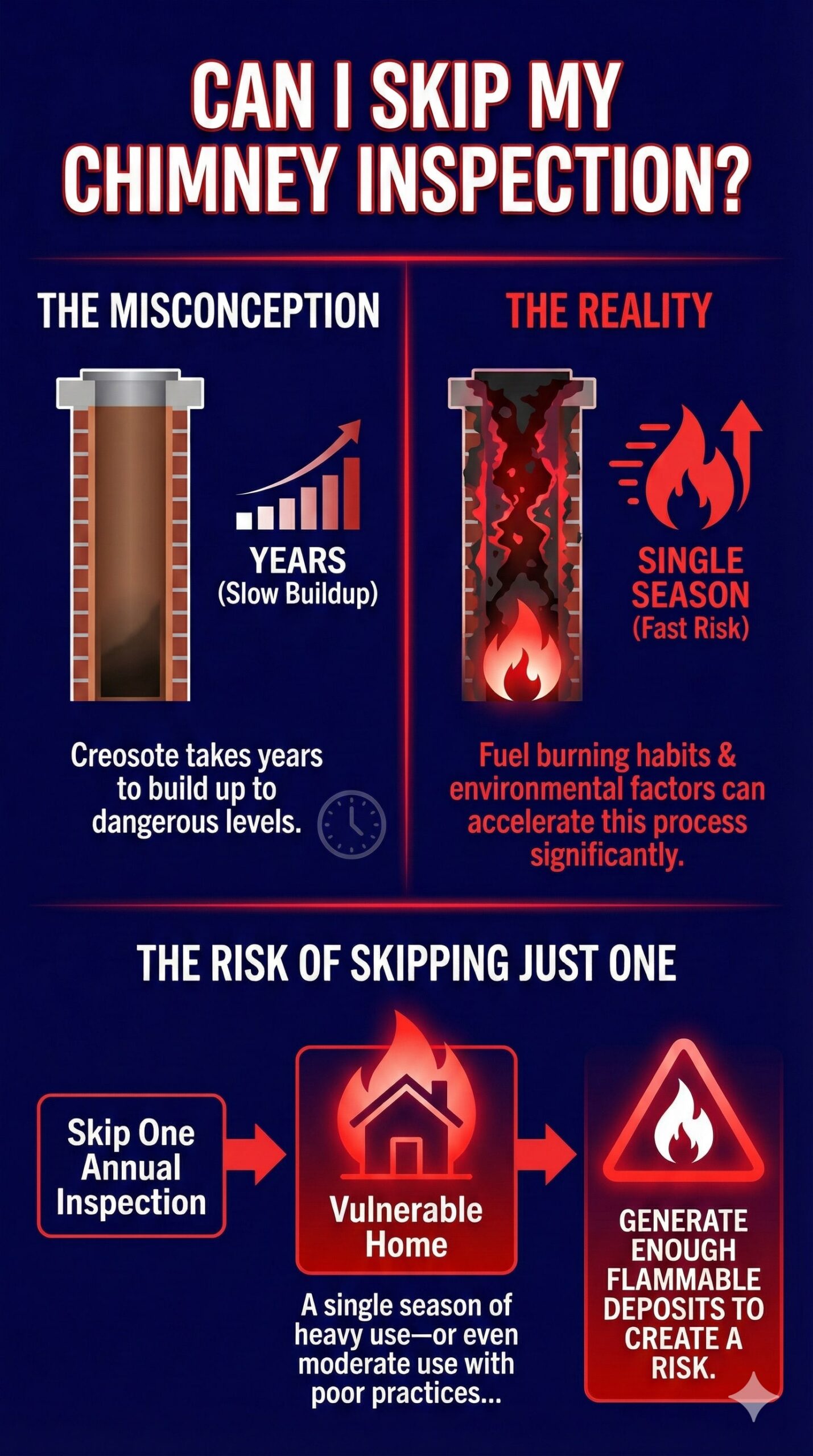 Original infographic titled "Can I Skip My Chimney Inspection?" designed with a navy blue background and bold red and white accents. The graphic is divided into two main sections, first addressing the common misconception that creosote takes years to build up to dangerous levels, contrasted immediately with the reality that fuel-burning habits and environmental factors can accelerate this process significantly. The lower section visualizes the risk of skipping just one annual inspection, explaining that doing so leaves a home vulnerable because a single season of heavy use—or even moderate use with poor burning practices—can generate enough flammable deposits to create a significant safety risk.